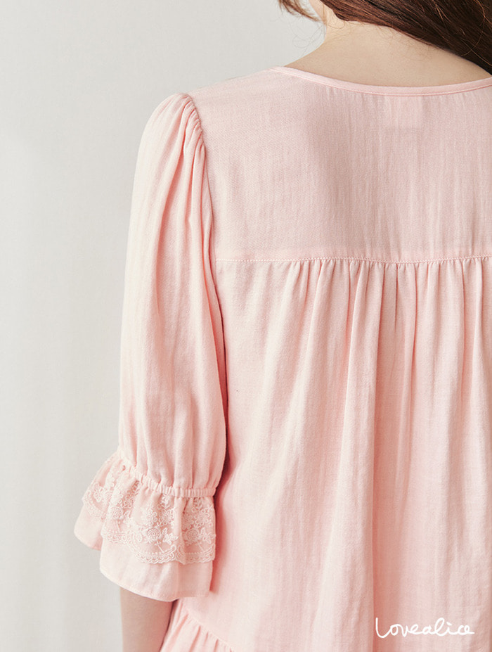(sale 여성) 플랑 면레이온 이중지 7부소매 상하 잠옷 핑크
